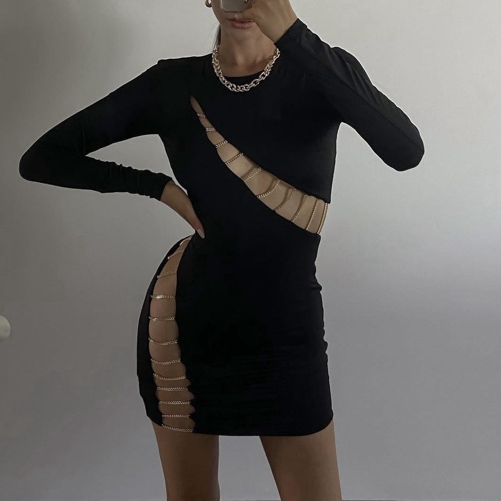 Meshki Chain Dress Women's Medium Black Gold Mini Bodycon Sexy Designer Stretch - Picture 1 of 12